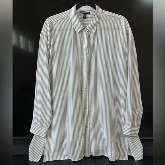 Eileen Fisher 100% Silk Oversized Striped Button Down Tunic Blouse Size S - Picture 4 of 13